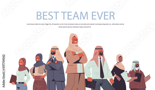 arab businesswoman team leader standing in front of arabic businesspeople leadership concept horizontal portrait copy space vector illustration
