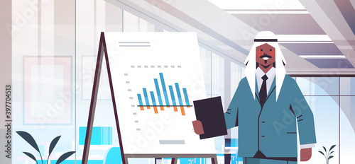 black muslim businessman presenting financial graph on flip chart business presentation concept modern office interior portrait horizontal vector illustration