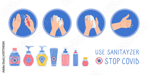 Hands use sanitizer, wash soap, wipes napkin, ok sign cartoon set. Coronavirus infographic flat disinfection sanitizer bottles, collection. Against covid virus. Isolated vector illustration