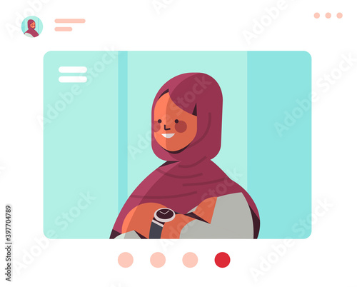 female muslim doctor in web browser window having virtual conference medicine healthcare online communication concept horizontal portrait vector illustration