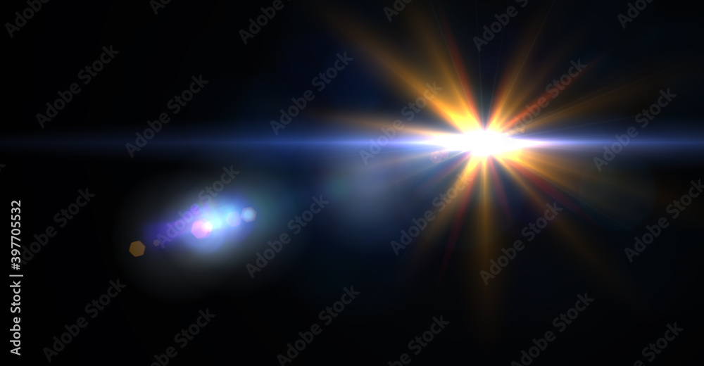 Effects for overlay designs or screen blending mode to make high-quality images. Abstract sun burst, digital flare over black background.