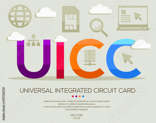 UICC mean (Universal Integrated Circuit Card) Computer and Internet acronyms ,letters and icons ,Vector illustration.
