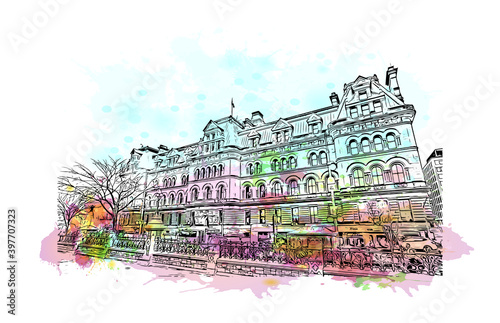 Building view with landmark of Ottawa is the capital city of Canada. Watercolour splash with hand drawn sketch illustration in vector.