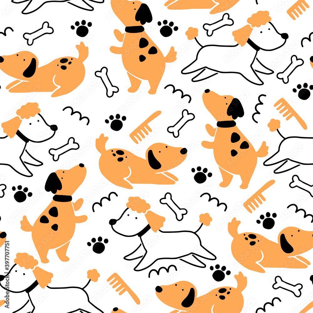 Seamless pattern of cute dog puppy. Cartoon funny and happy dog character with simple shape style. Illustration for background, wallpaper, textile, fabric. Seamless pattern of cute dog puppy. Cartoon funny and happy dog character with simple shape style. Illustration for background, wallpaper, textile, fabric.
