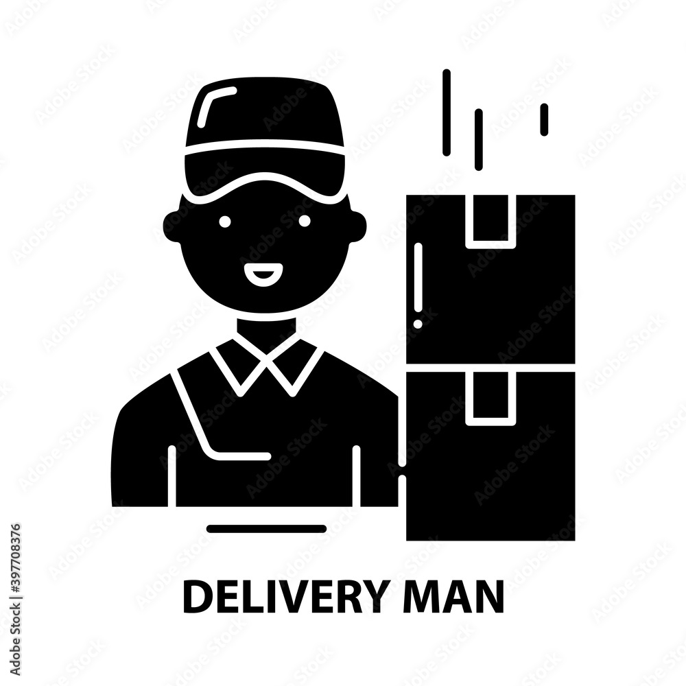 delivery man icon, black vector sign with editable strokes, concept illustration delivery man icon, black vector sign with editable strokes, concept illustration