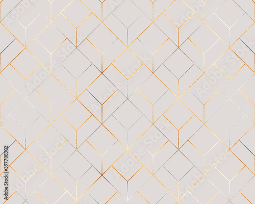 Elegant gold geometric seamless pattern with hexagons tiles.