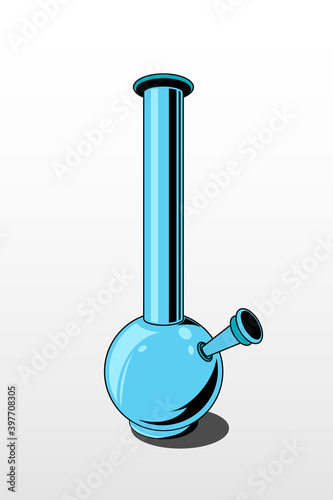 Glass bong for smoking. Plastic blue bong with green cannabis. Modern flat style vector illustration icons. Isolated on white background. Apparatus for smoke weed with clouds.