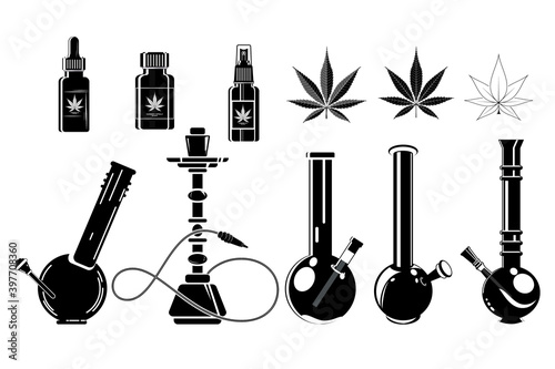 Set of cannabis leafs, bongs, hookahs icons. Cannabis, marijuana. Design elements for logo, label, emblem, sign. Vector illustration