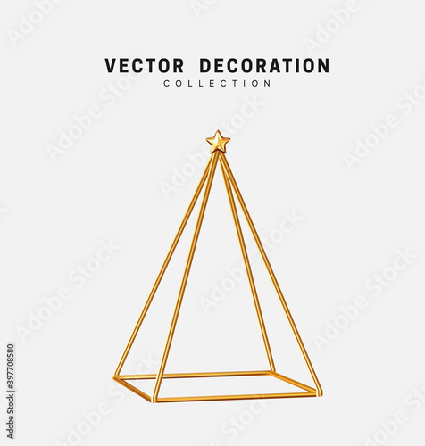 Gold metal decor Christmas tree and conical pine. Xmas decoration isolated 3d object.