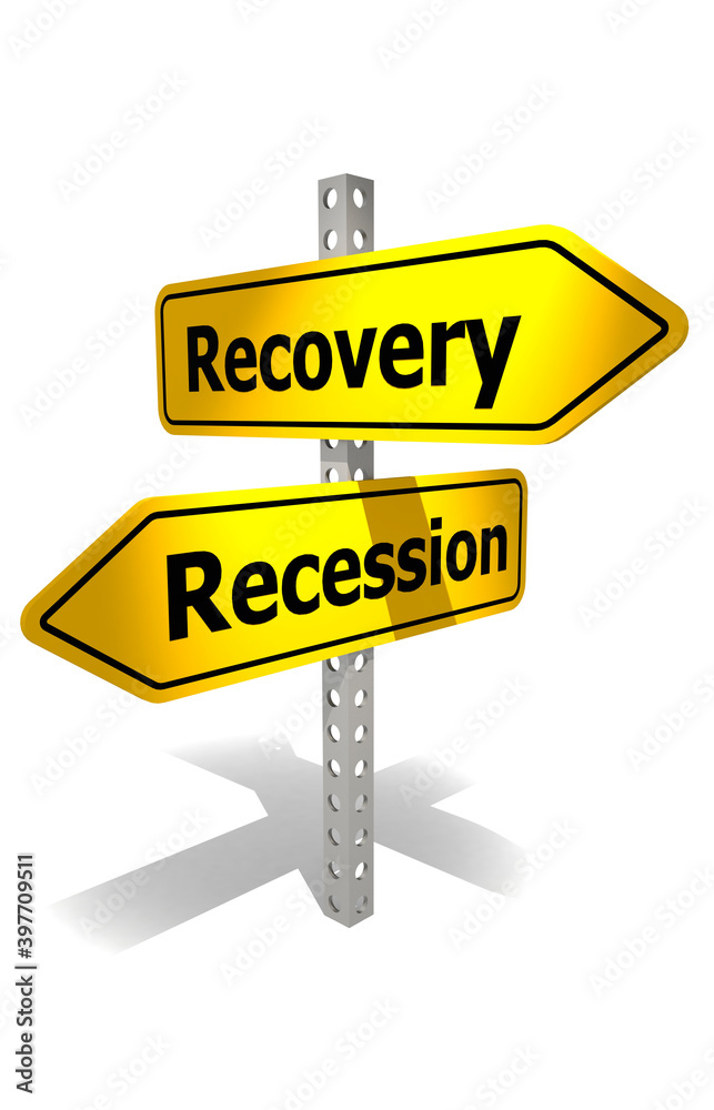 Road sign with recovery and recession word Road sign with recovery and recession word