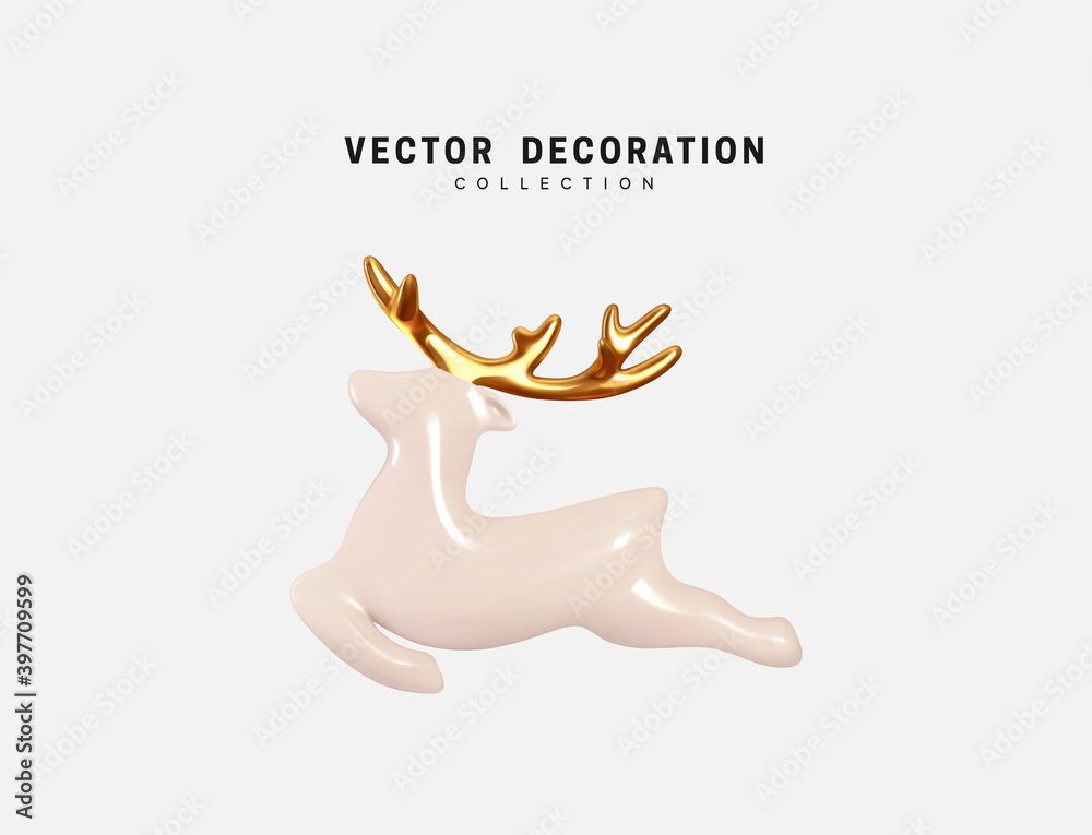 Deer decorative Christmas element design from ceramic. Realistic 3d object  Xmas white reindeer. Vector illustration Stock Vector | Adobe Stock