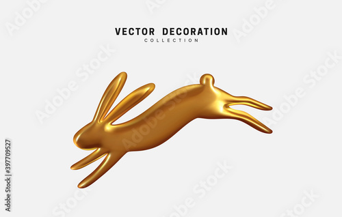 Realistic golden rabbit. 3d Gold metallic Bunny. Vector illustration