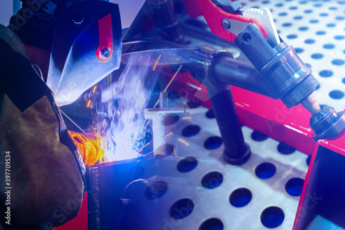 Welder during work close-up...