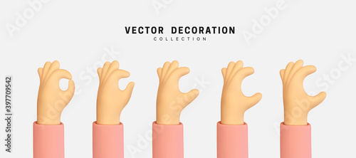 Set of hands raised to the top. Hand group. Men and women arms Decoration 3d object isolated. Vector illustration