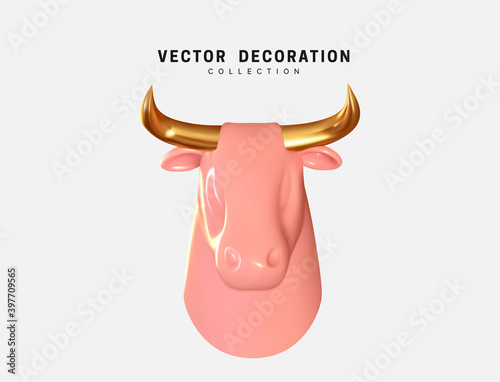 Bull head isolated 3d icon and logo. Realistic glass porcelain head of a cow or ox. Vector illustration