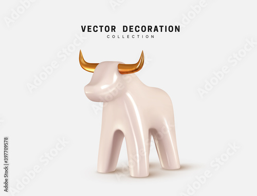 The symbol of the New Year 2021 will be held under the sign of the White Metal Bull. Bull isolated 3d icon and logo. Realistic glass porcelain figurine of cow or ox. Vector illustration