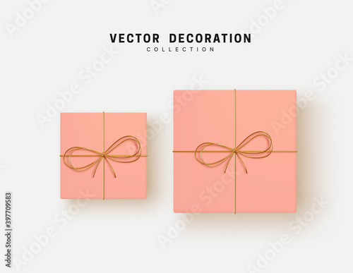 Set of pink square gifts box. Flat lay top view. Vector illustration