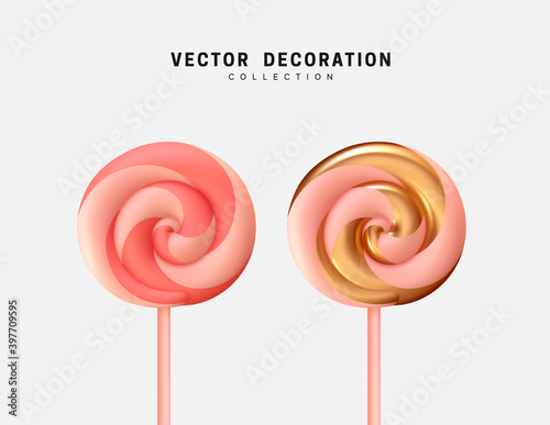 Set of circular caramel candies on stick in pink gold color. Sweet candy cane 3d render object isolated. Vector illustration