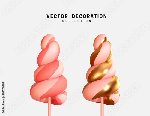 Set of caramel candies on stick in pink gold color. Sweet candy cane 3d render object isolated. Vector illustration