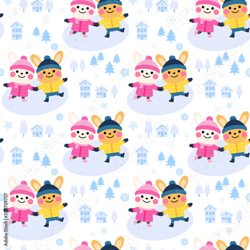 cute rabbit couple cartoon seamless pattern design