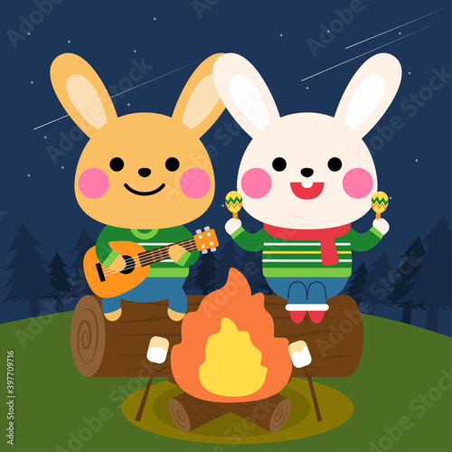rabbits play music in front of the campfire