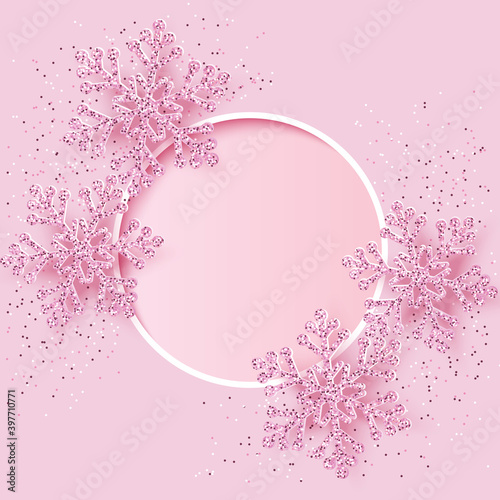 Elegant and cute Christmas background with shiny pink snowflake and white circle frame on pink background. Origami, paper cut art, vector illustration