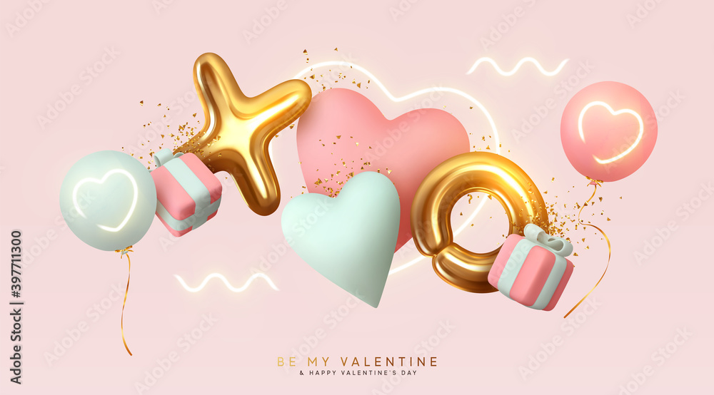Romantic creative composition. Happy Valentine's Day. Realistic 3d festive decorative objects, heart shaped balloons and XO symbol, falling gift box, glitter gold confetti. Holiday banner and poster. - obrazy, fototapety, plakaty 