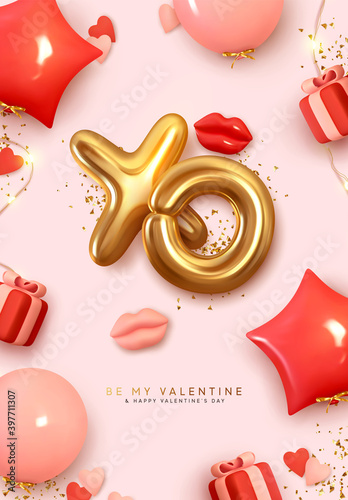 Valentines Day poster. Romantic creative Background Realistic 3d festive decorative objects, red lips, heart shaped balloons, XO symbol, falling gift box, glitter gold confetti. Holiday web banner