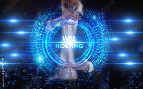 Business  Technology  Internet and network concept. Young businessman working on a virtual screen of the future and sees the inscription  Web hosting