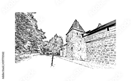 Building view with landmark of Nuremberg is the 
city of Germany. Hand drawn sketch illustration in vector.