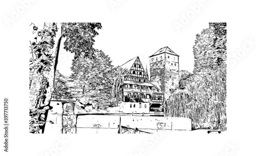 Building view with landmark of Nuremberg is the 
city of Germany. Hand drawn sketch illustration in vector.