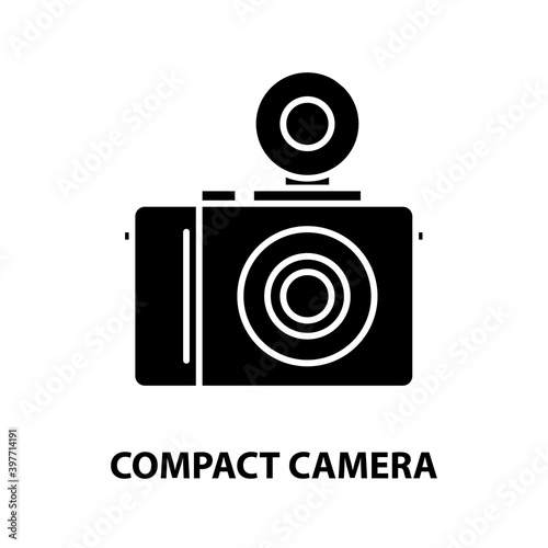 compact camera with flash icon, black vector sign with editable strokes, concept illustration