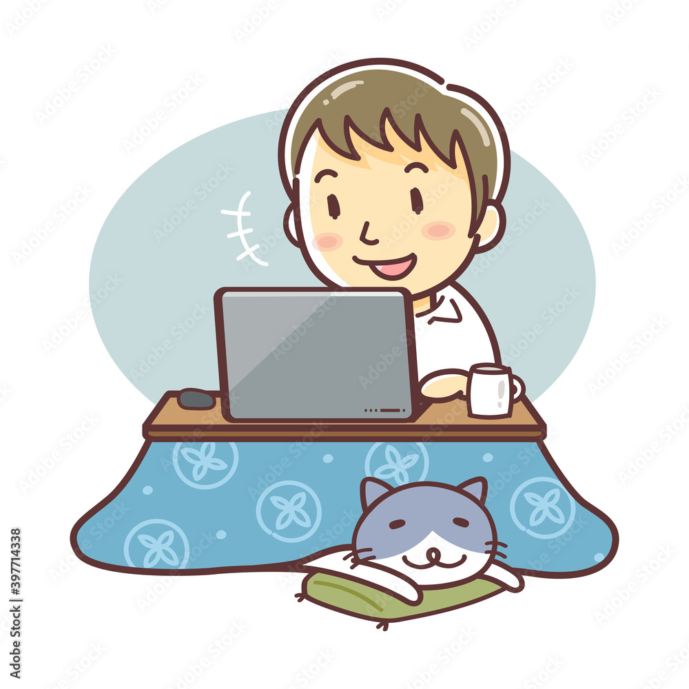 こたつでリモートワークをする男性のイラスト（ノートパソコン）