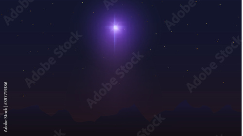 Bethlehem Star over mountains. Dark night starry sky. Abstract background. Vector illustration.