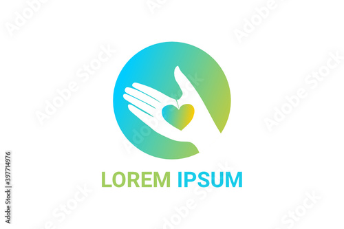 Vector logo element with hand and heart illustration whose philosophy is giving with love. Usable for logos for volunteers, charity organizations and general children's education.