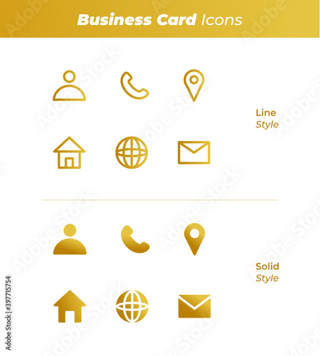 Golden Business card icons set in line style and solid style. Icon consists of name, telephone, location, place, website and email.