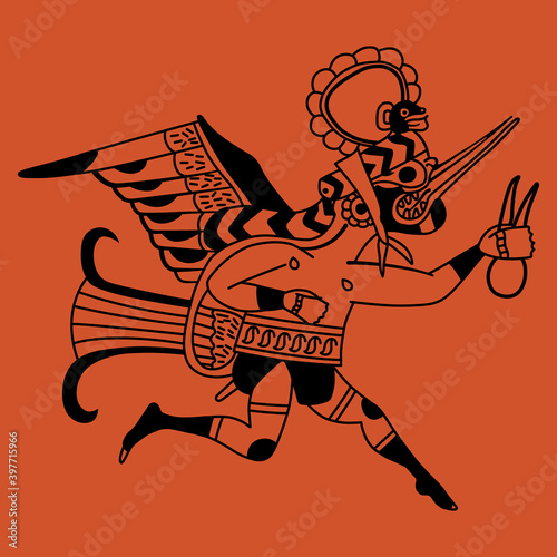  Fantastic character. Anthropomorphic running bird man with long beak. Monochrome black and red silhouette. Moche or Mochica Indians. Native American mythology of ancient Peru.