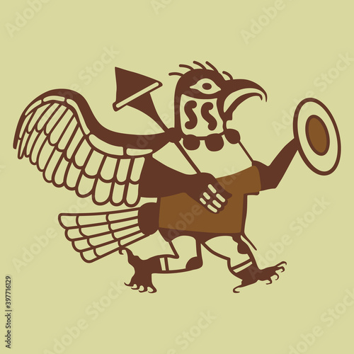 Fantastic warrior bird with shield and mace. Ancient Peruvian art of Moche or Mochica Indians. Monochrome  silhouette.	