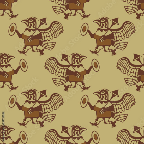 Seamless ethnic pattern with fantastic bird men warriors. Ancient Peruvian art of Mochica or Moche Indians.
