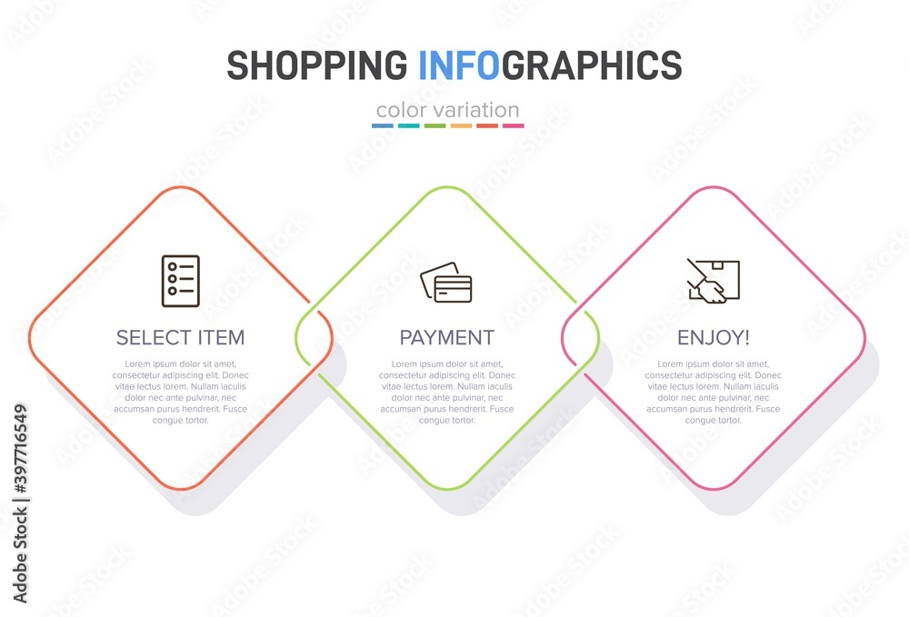 Concept of shopping process with 3 successive steps. Three colorful graphic elements. Timeline design for brochure, presentation, web site. Infographic design layout.