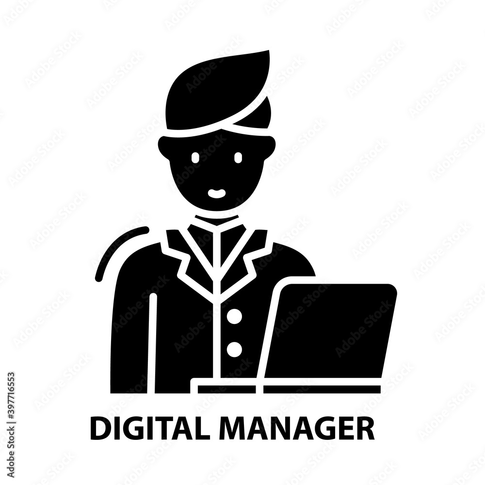 digital manager icon, black vector sign with editable strokes, concept illustration digital manager icon, black vector sign with editable strokes, concept illustration