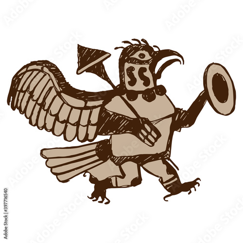 Fantastic warrior bird with shield and mace. Ancient Peruvian art of Moche or Mochica Indians. Monochrome silhouette.	