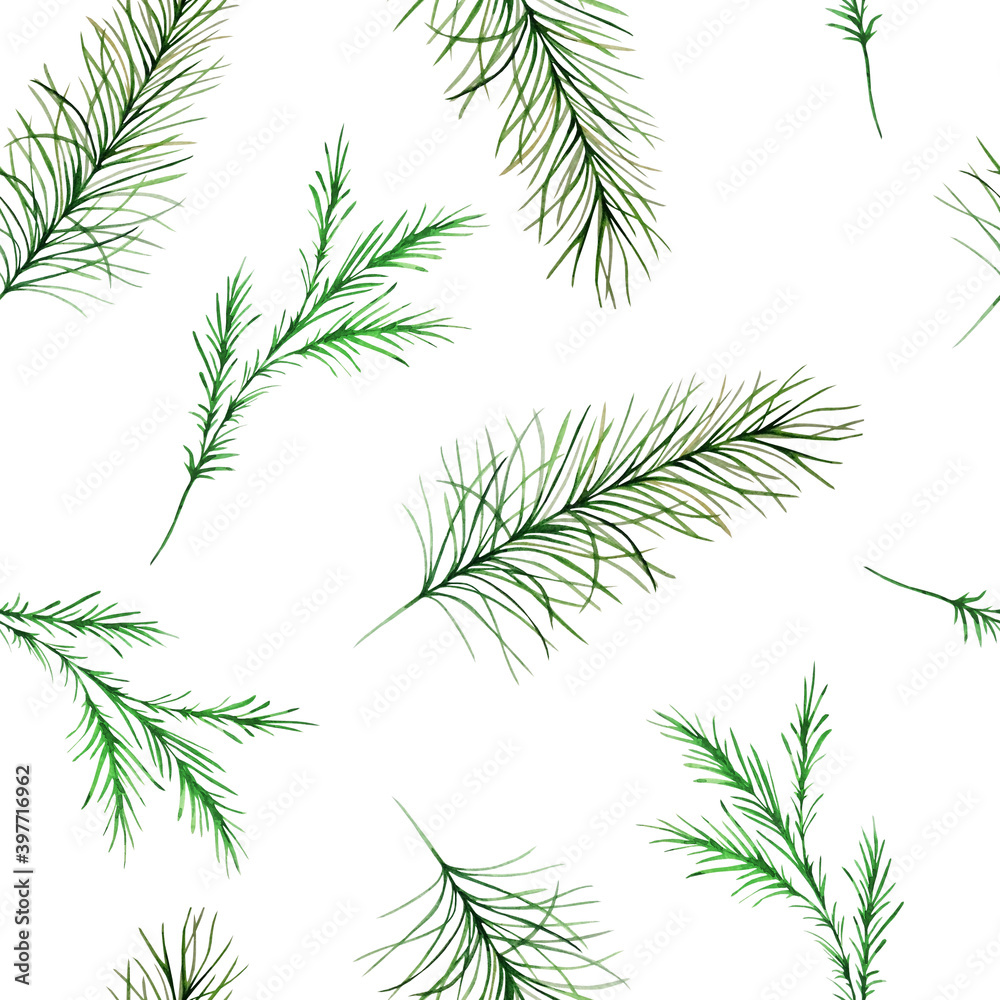 Watercolor pattern with green pine and spruce branches Watercolor pattern with green pine and spruce branches