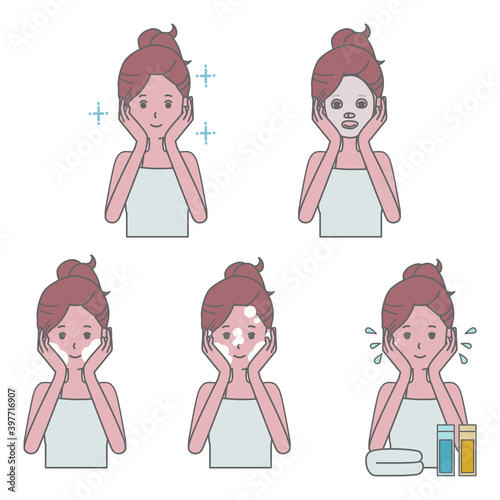 フェイスパック、泡洗顔、保湿をする　女性のイラストセット