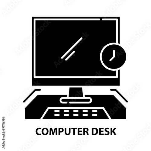 computer desk icon, black vector sign with editable strokes, concept illustration