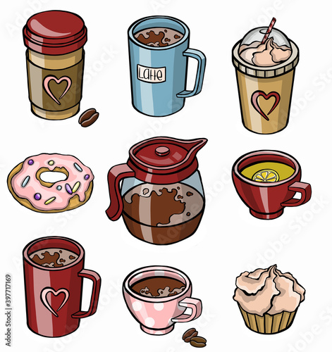 Illustration with still life of tea set and cupcakes