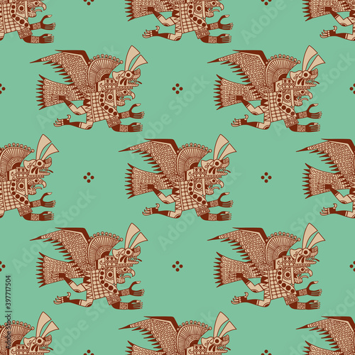 Seamless ethnic pattern with fantastic flying bird men. Ancient Peruvian art of Moche or Mochica Indians.