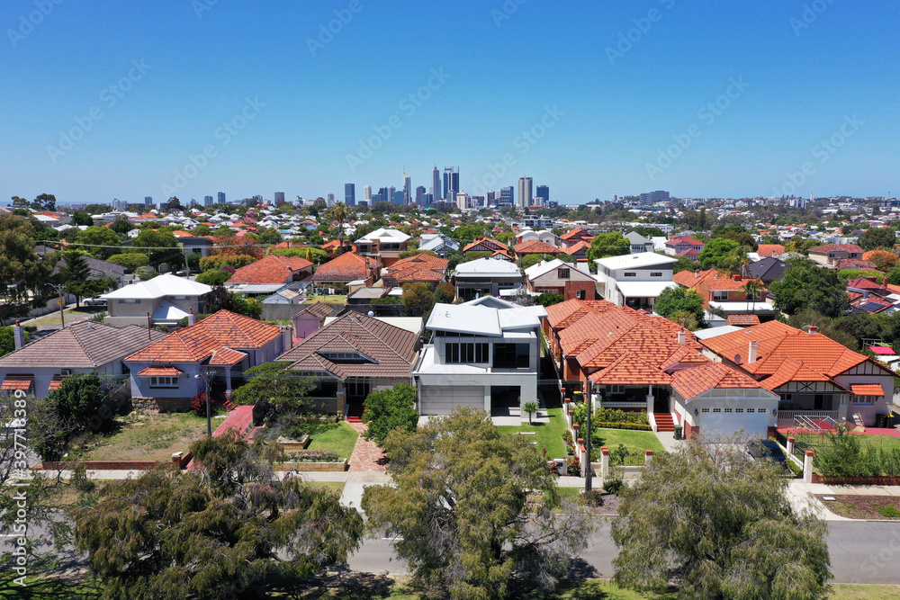 Aerial urban landscape view of suburban cityscape in Perth Western Australia