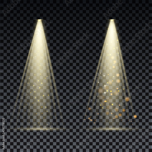 Gold spotlight. Bright lighting with spotlights of the stage on transparent background.
