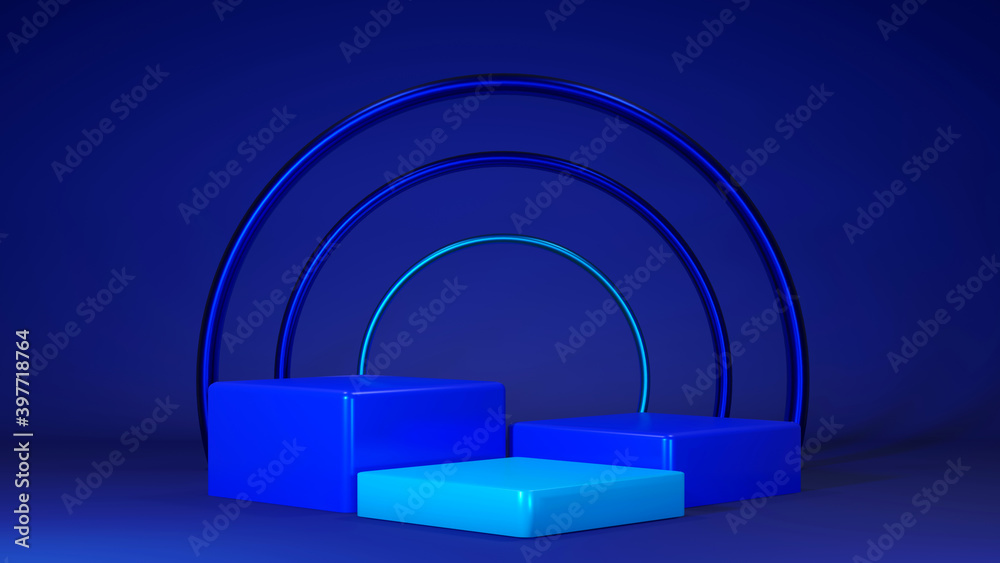 Fototapeta premium 3D Rendering of Premium blue podium mock on blue background, platform for product presentation. Minimal.
